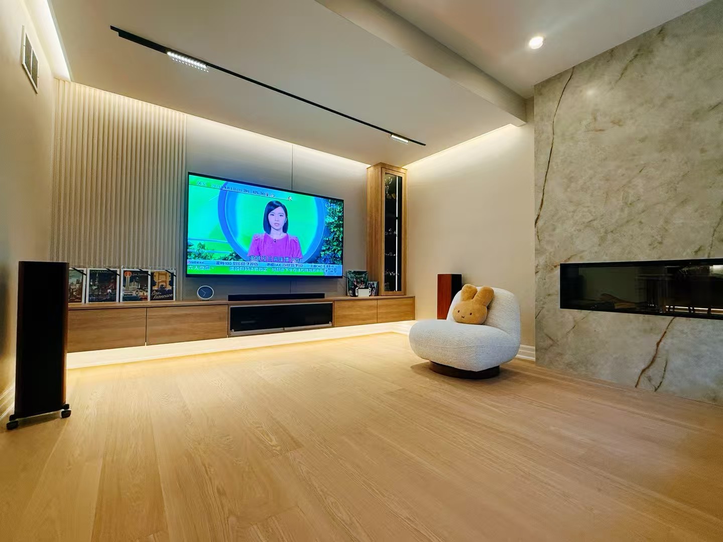 Clean fireplace design and lounge